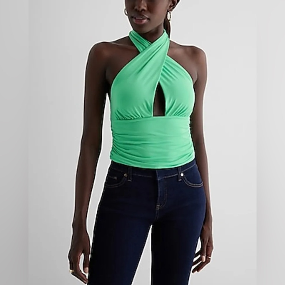 EXPRESS Body Contour Silky Ruched Halter Multi-Way Cropped Tank
